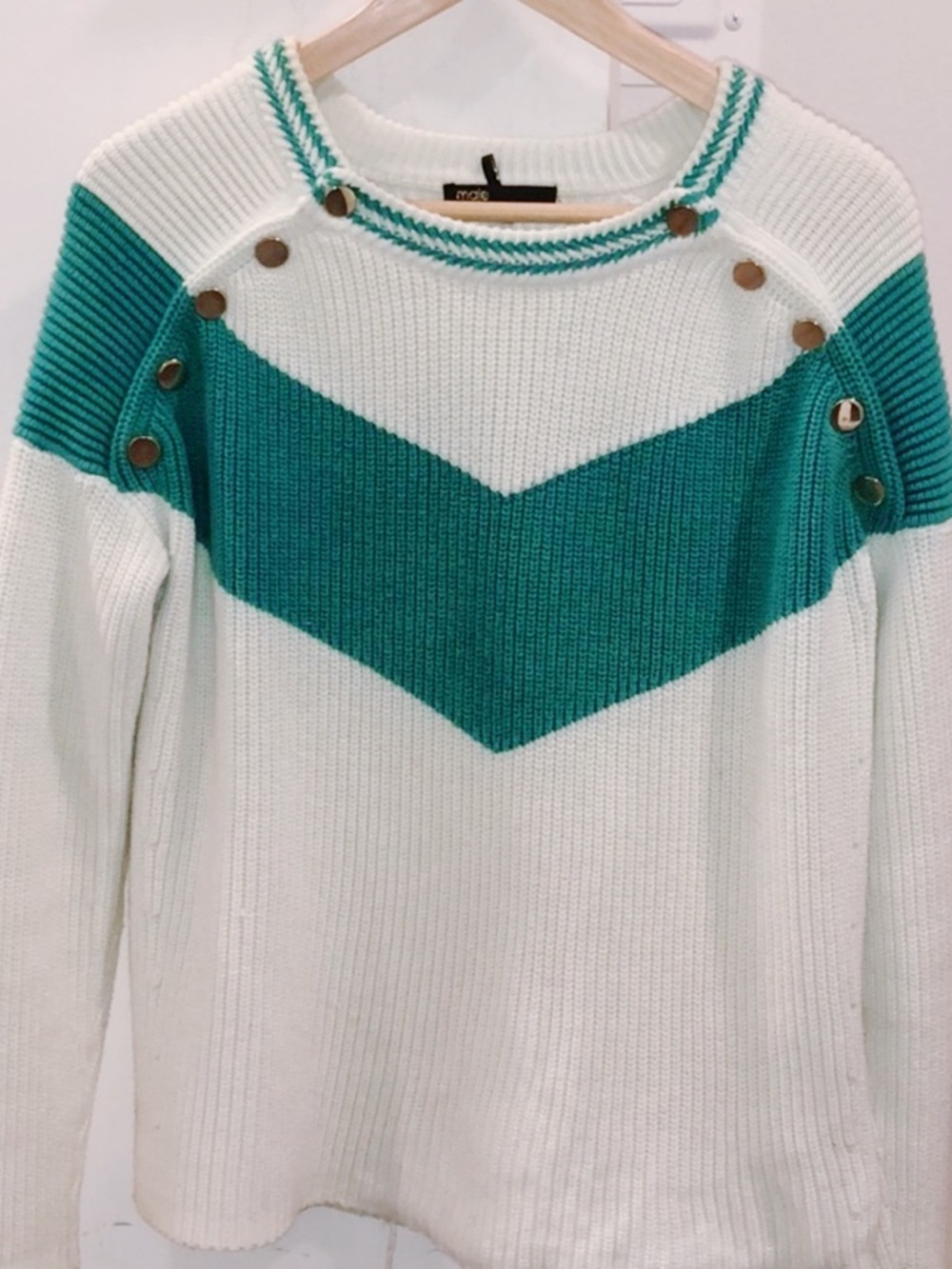 Maje Colorblock Knit Sweater Size L | Green White | Gold Button Shoulder